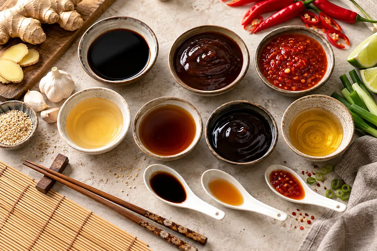 Asiatische Würzsaucen im Überblick – Sojasauce, Teriyaki, Hoisin & Co. Sojasauce, Teriyaki, Hoisin und weitere asiatische Saucen mit Ingwer, Chili und Sesam
