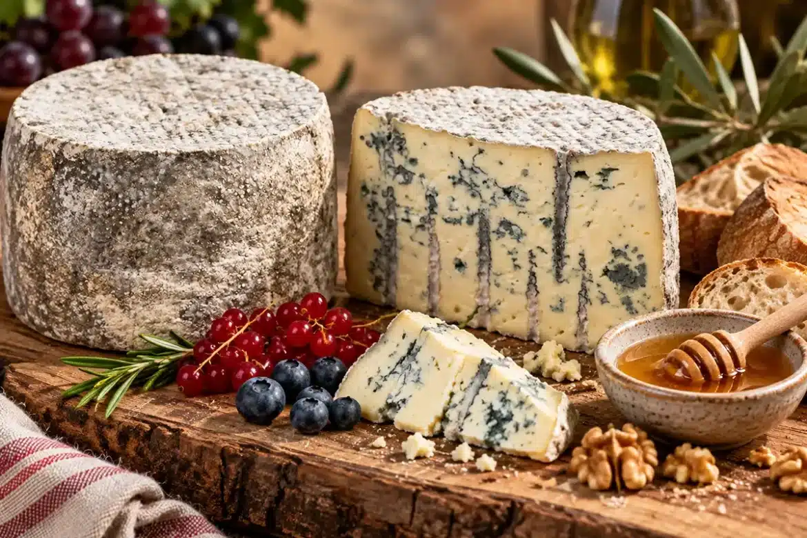 Blu Mugello Blauschimmelkäse aus der Toskana mit Honig, Brot, Trauben und Walnüssen
