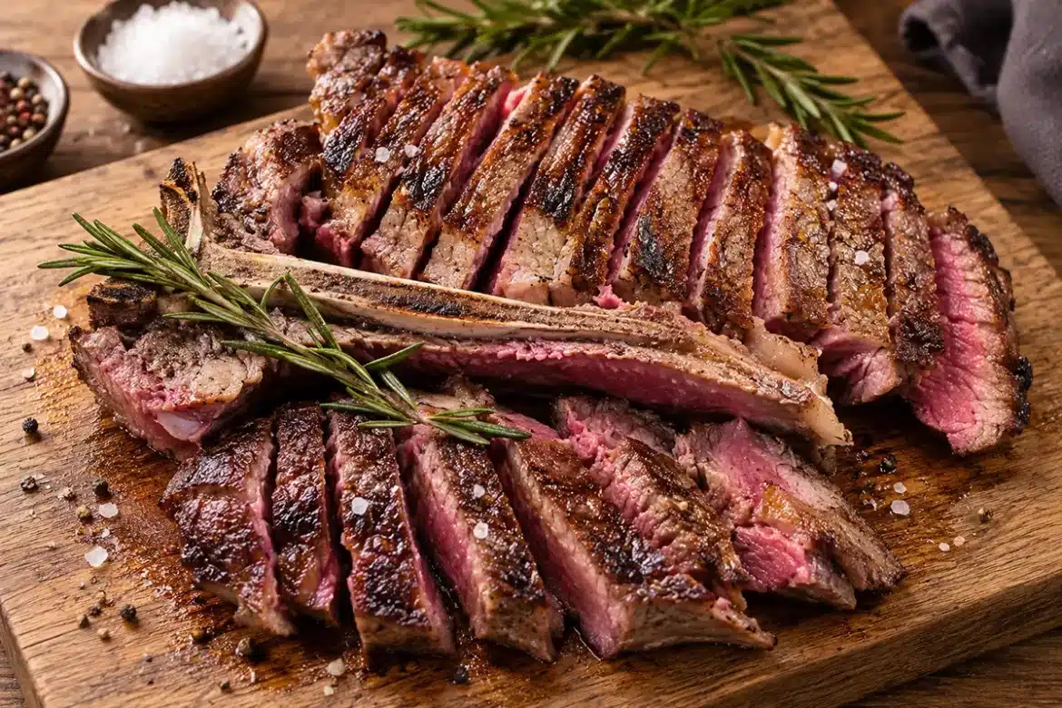 Aufgeschnittenes Chianina-Steak mit Rosmarin auf einem Holzbrett