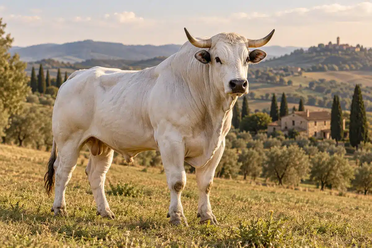 Chianina-Rind: Herkunft, Fleisch, IGP und richtige Zubereitung Chianina-Rind in der toskanischen Landschaft