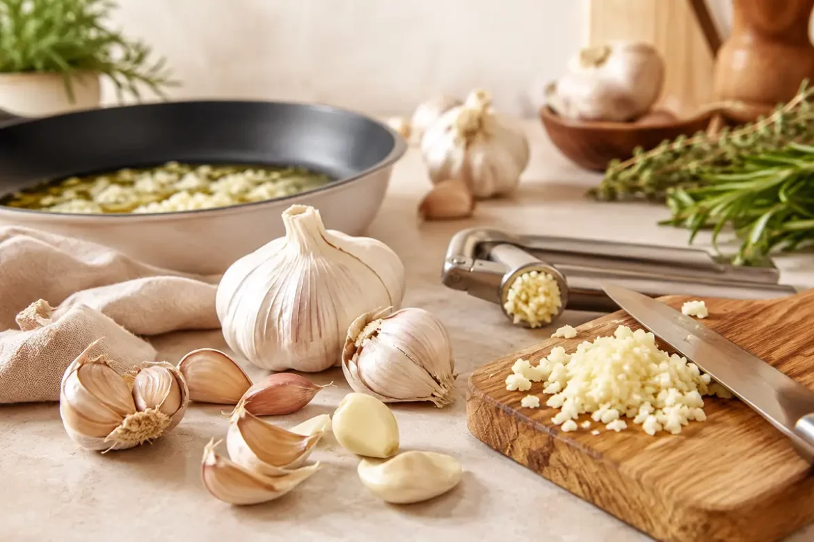 Knoblauch richtig verwenden mit Knoblauchzehen, Knoblauchpresse, Messer und gehacktem Knoblauch