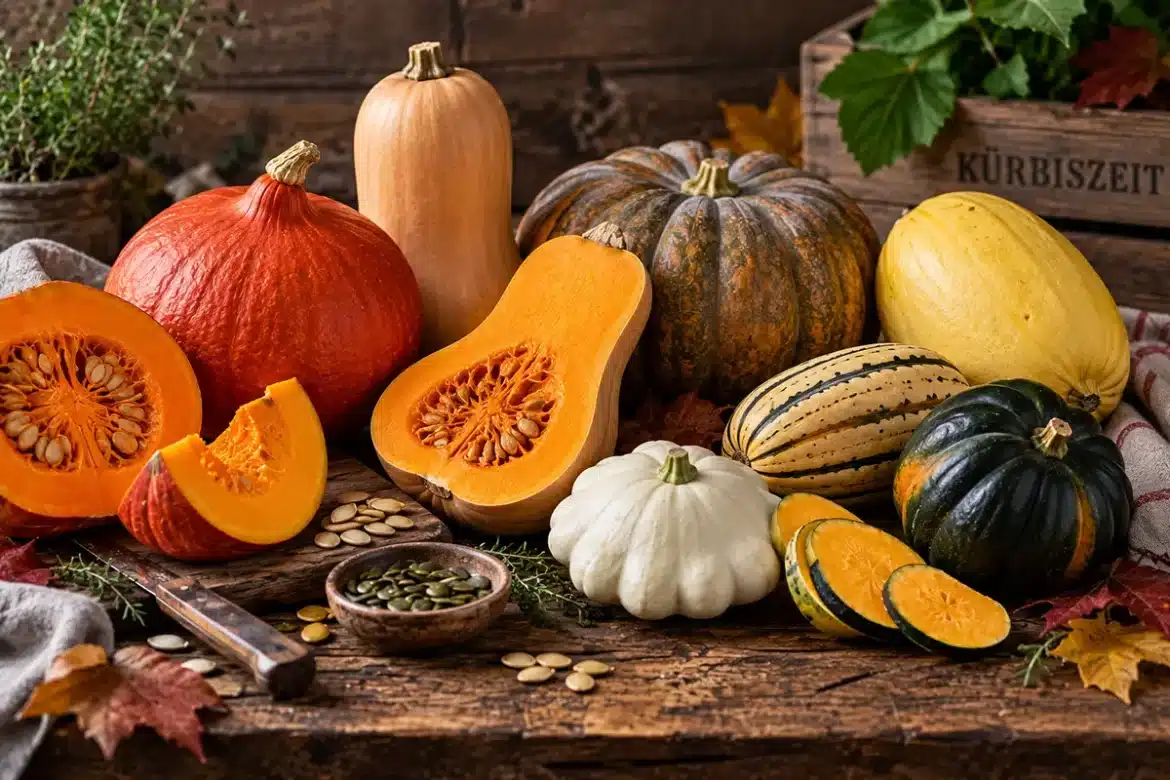 Kürbissorten im Überblick mit Hokkaido, Butternut, Muskatkürbis, Spaghettikürbis, Delicata und Eichelkürbis