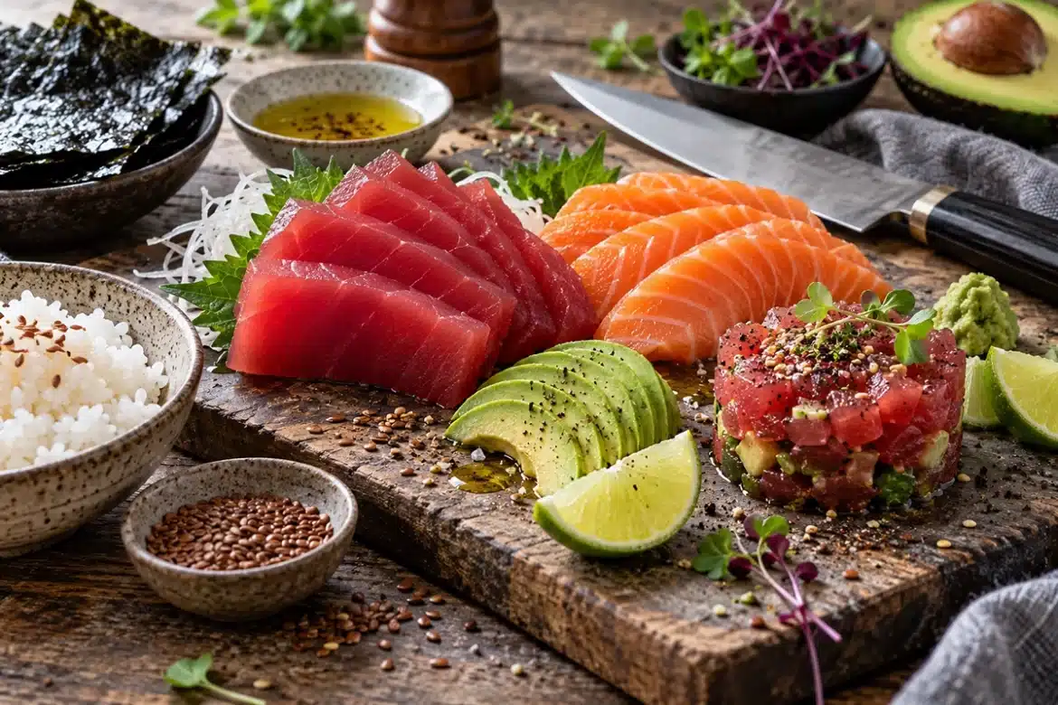Roher Fisch sicher genießen – stilvolles Stillleben mit Sushi, Sashimi und frischem Thunfisch und Lachs