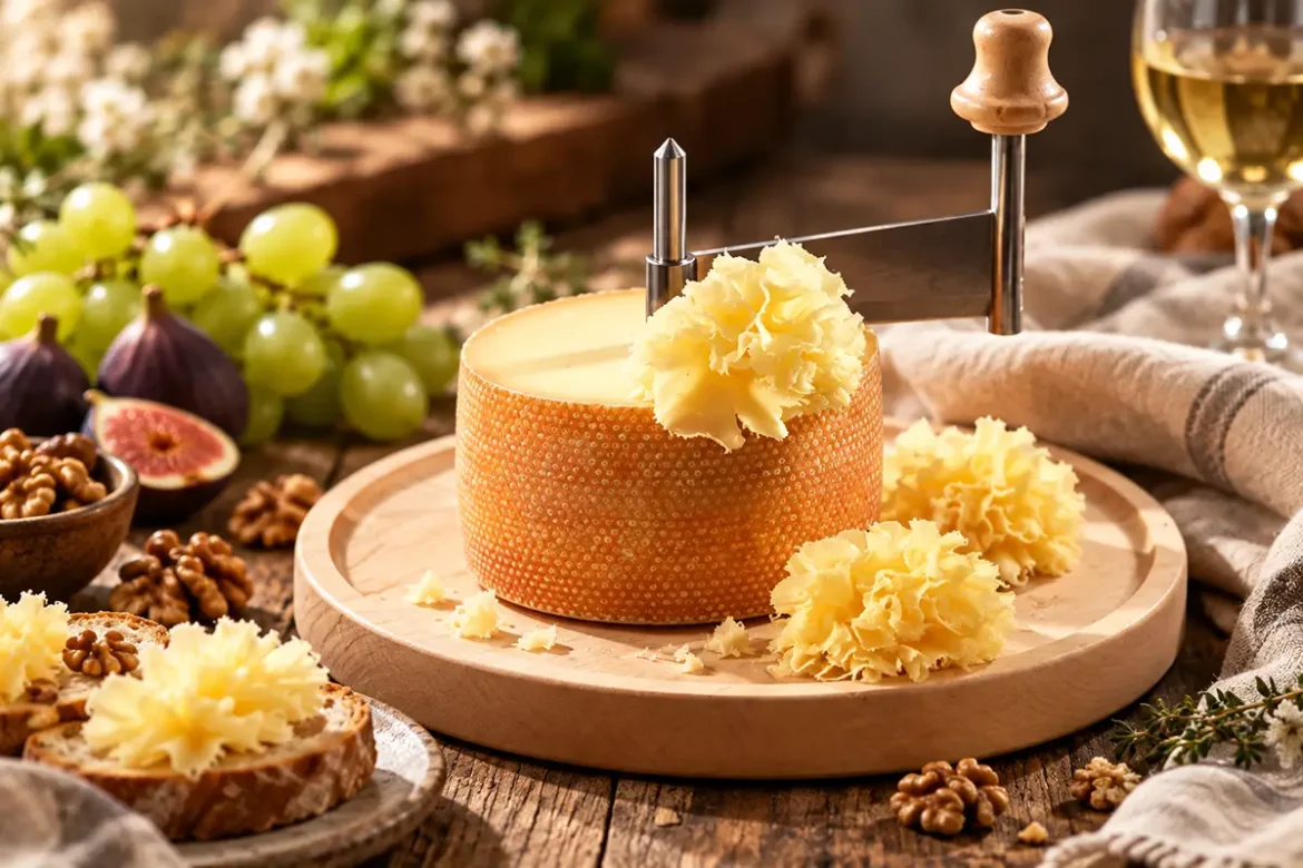 Tête de Moine als Käse des Monats auf rustikalem Holzbrett mit Käserosetten und einem Glas Rotwein